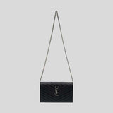 SAINT LAURENT YSL Matelasse Envelope Chain Wallet In Grain De Poudre Embossed Leather Black/Silver 742920BOW02