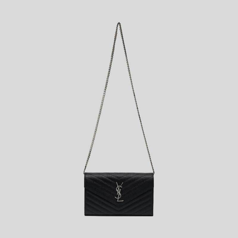 SAINT LAURENT YSL Matelasse Envelope Chain Wallet In Grain De Poudre Embossed Leather Black/Silver 742920BOW02